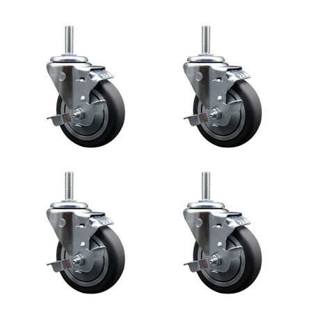 Service Caster 4 Inch Thermoplastic Rubber Wheel Swivel 58 Inch Threaded Stem Caster Set with Brake SCC SCC-TS20S414-TPRB-TLB-58212-4